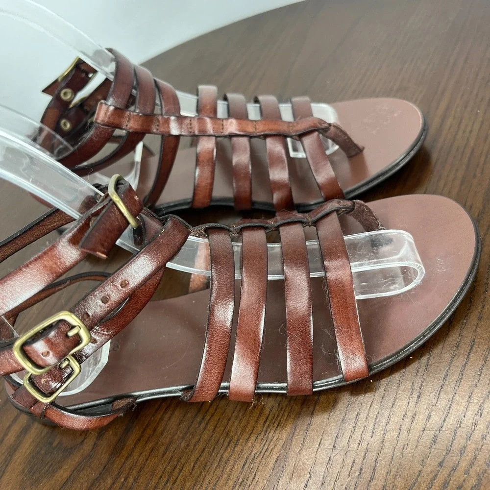 Crewcuts Fisherman Sandal Girls K2 Brown Leather Buckle Ankle Strappy Thong Shoe
